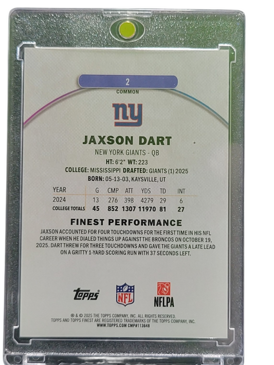 2025 Topps Finest Jaxson Dart #2 Orange Refractor RC 13/25
