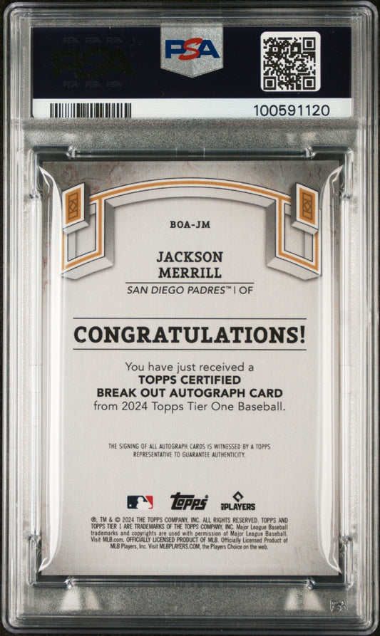 2024 Topps Tier One Red Foil Jackson Merrill #BOAJM Auto /25 PSA 10
