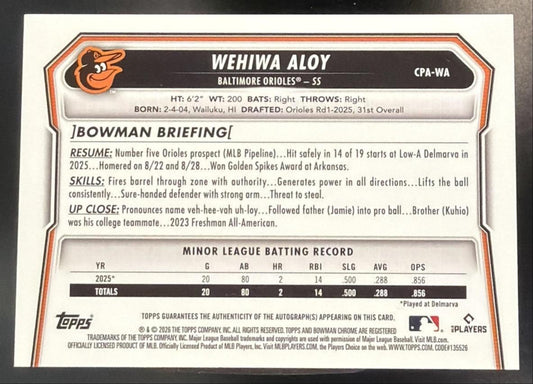 2026 Bowman Wehiwa Aloy #CPA-WA Chrome Auto Blue Refractor /150 1st Prospect