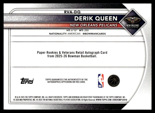 2025-26 Bowman Derik Queen Rookie RC True Red Auto /5