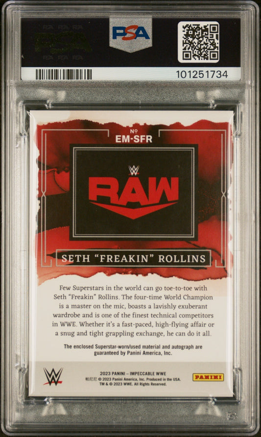 2023 Panini Impeccable WWE Elegance Memorabilia Autograph Elegance Mem Auto-Silver Seth Rollins #EMSFR /49 PSA 10