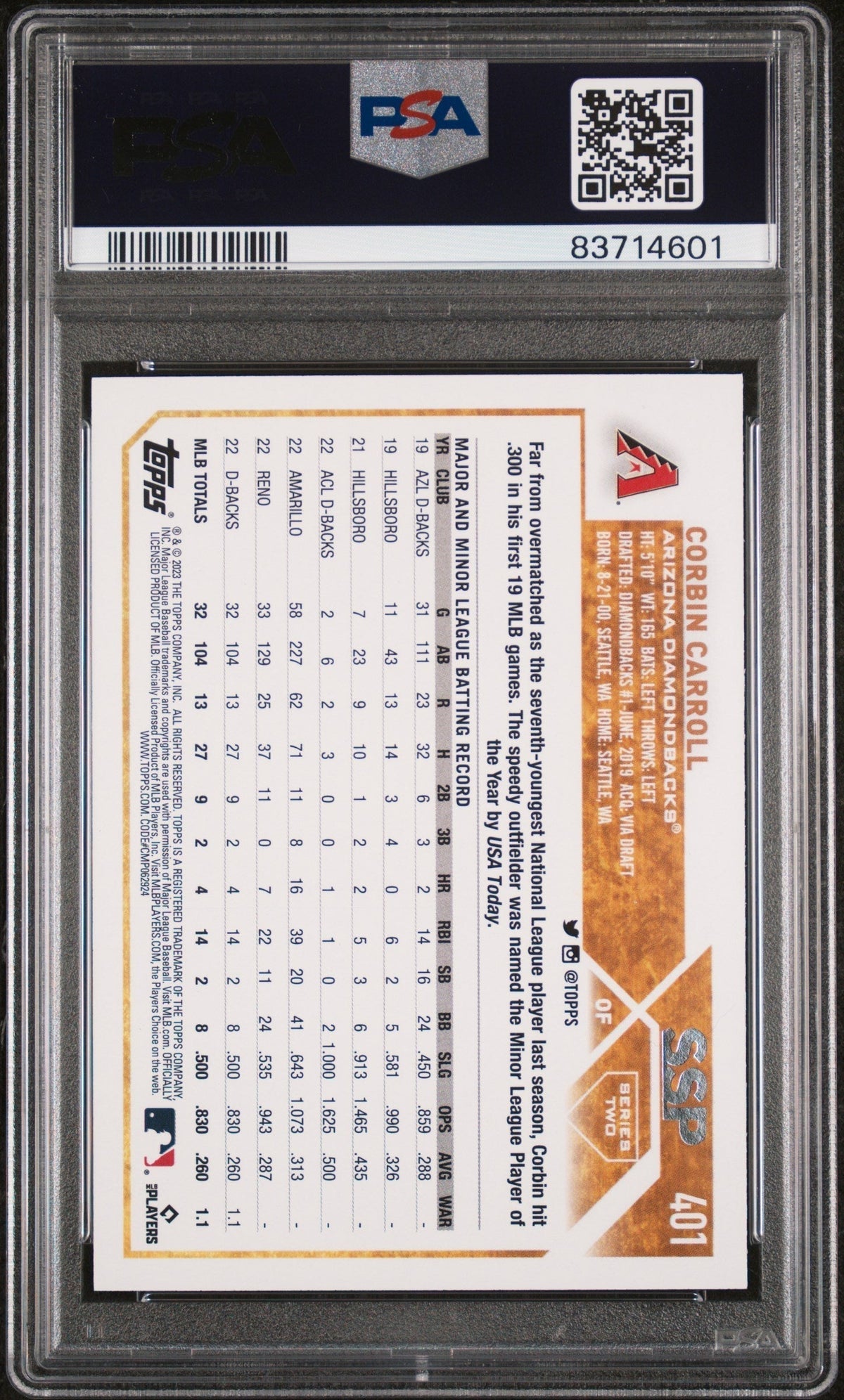 2023 Topps Base Set Photo Variation Corbin Carroll #401 PSA 10