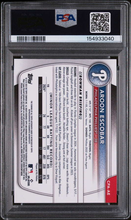 2025 Chrome Prospect Autographs Black X-Fractors Aroon Escobar #CPAAE /10 PSA 8