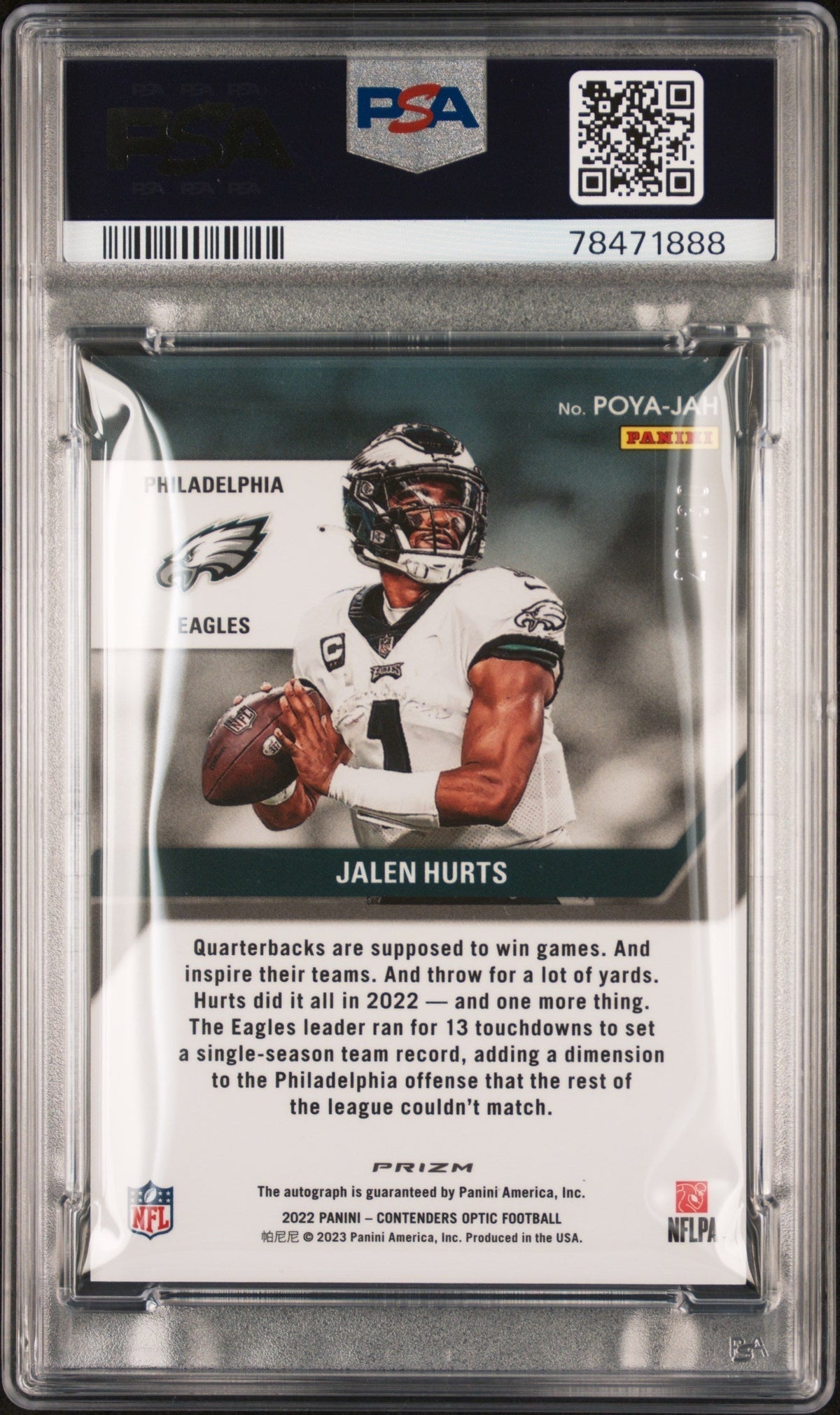 2022 Panini Contenders Optic Player of the Year Contenders Autographs Green Pulsar Jalen Hurts #POYAJAH PSA 9