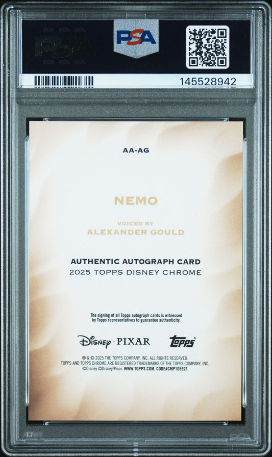 2025 Topps Chrome Disney Disney Chrome 2025 Authentic Autographs Gold Refractor Alexander Gould Nemo #AG /50 PSA 10