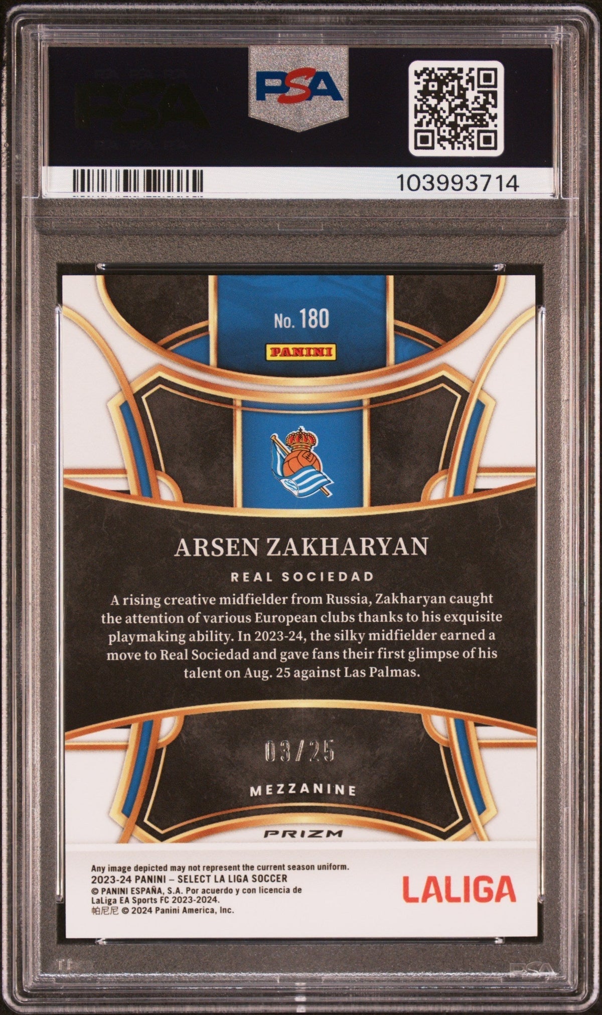 2023 Panini Select La Liga Zebra Arsen Zakharyan #180 /25 PSA 10