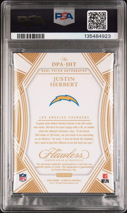 2024 Panini Flawless Dual Patch Autograph Sapphire Justin Herbert #DPA-JHT /10 PSA 8