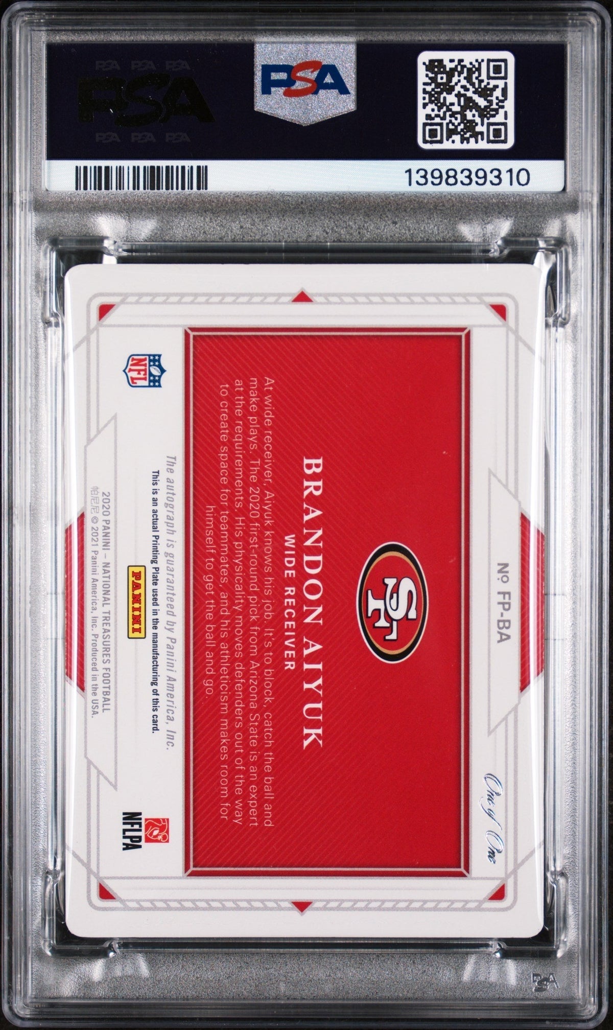 2020 Panini Rookie Pass Brandon Aiyuk #16 RK. SG. FD. PS Black PP 1/1 PSA 7