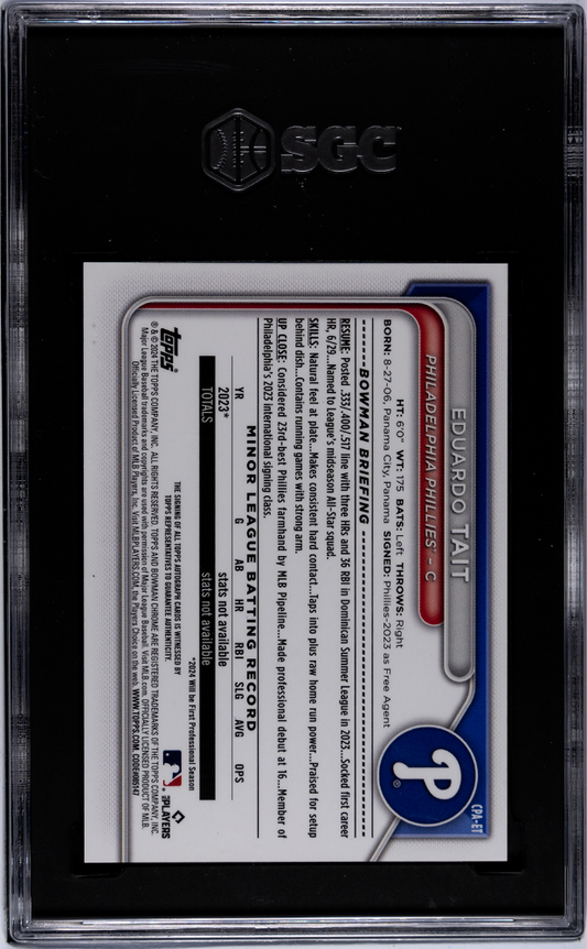 2024 Bowman Chrome Eduardo Tait #CPA-ET Auto Green . Refractor SGC 9.5 Auto 10
