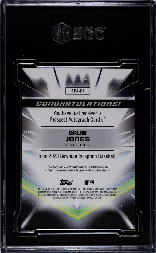 2023 Bowman Inception Druw Jones #BPA-DJ Prospect Orange Foil SGC 10 Auto 10