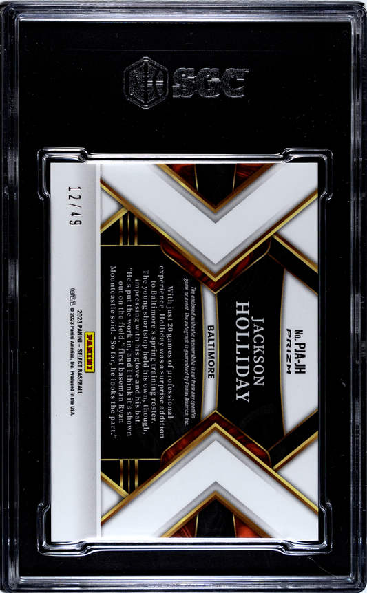 2023 Panini Jackson Holliday #PJA-JH RC Jersey Tri Color Prizm SGC Auto 10 /49