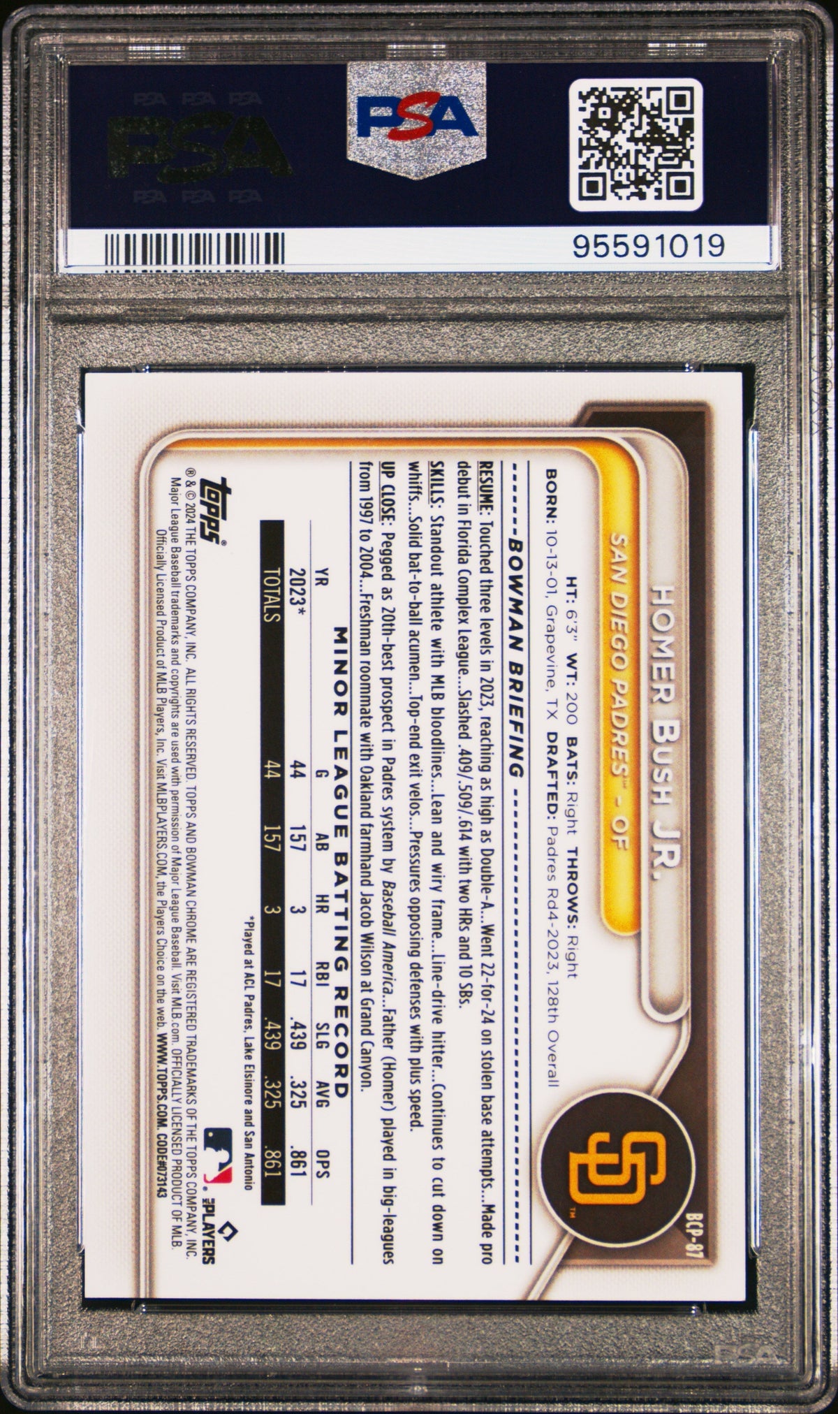 2024 Bowman Sapphire Edition Chrome Homer Bush JR. #BCP87 Pad 1/1 PSA 10