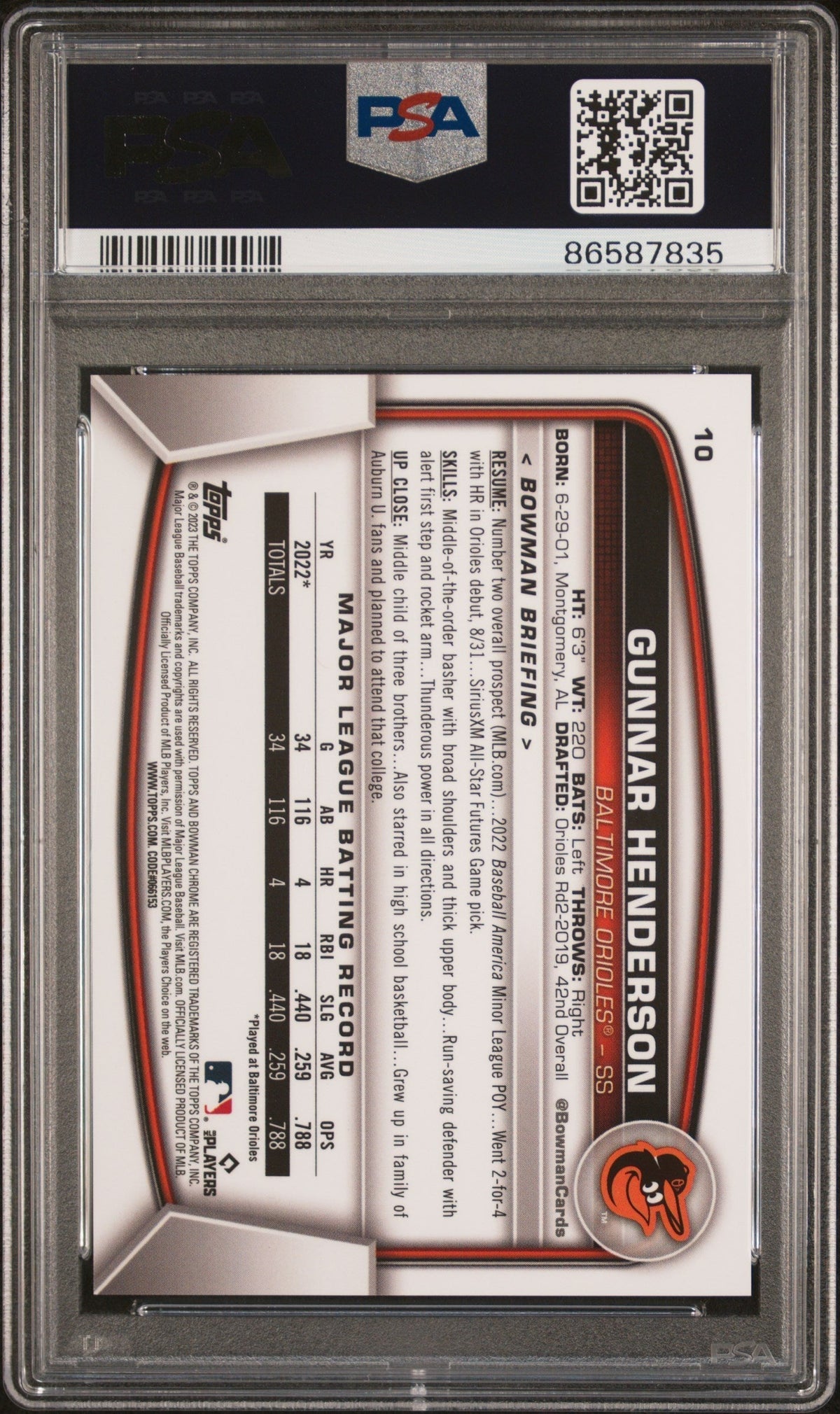 2023 Bowman Chrome Sapphire Edition Gunnar Henderson #10 SP Yellow 39/50 PSA 10