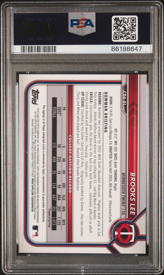 2022 Bowman Draft Chrome Pick Auto Brooks Lee #CDABL DP Orange Refractor PSA 10