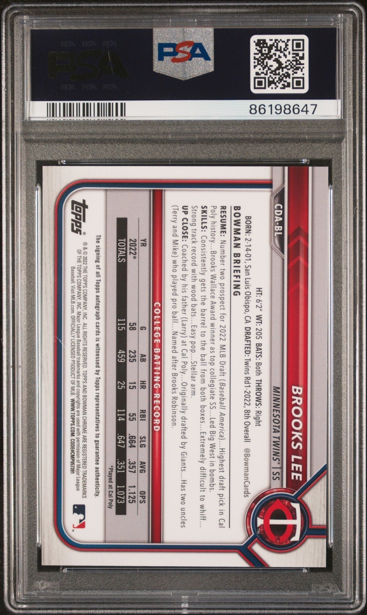 2022 Bowman Draft Chrome Pick Auto Brooks Lee #CDABL DP Orange Refractor PSA 10