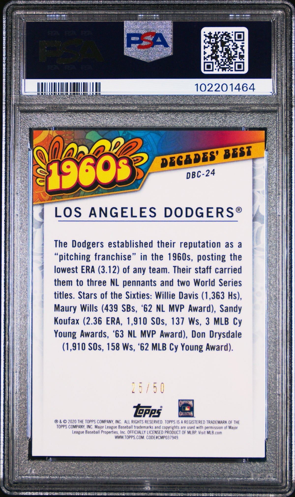 2020 Topps Decades' Chrome Los Angeles Dodgers #DBC24 Gold Refractor PSA 10