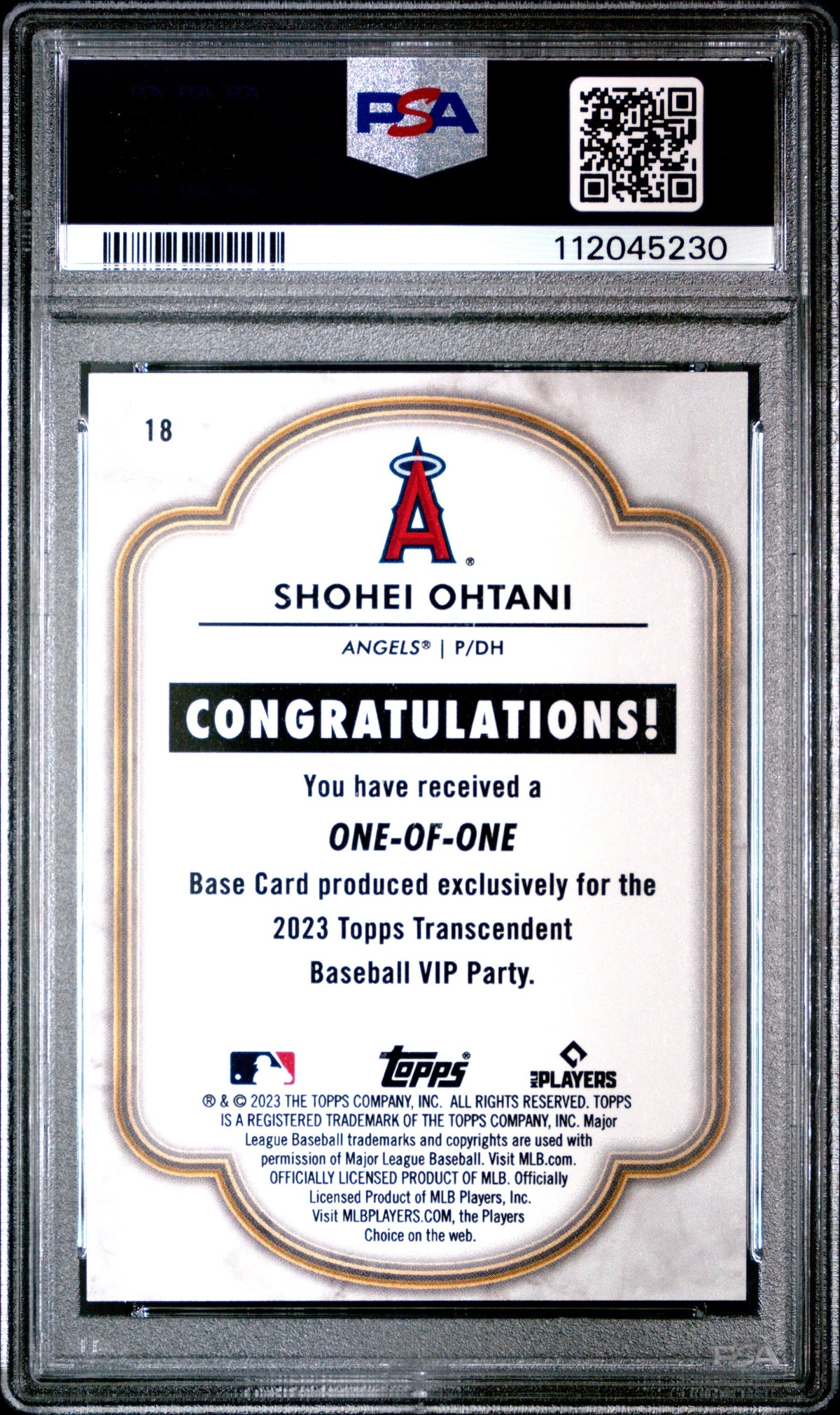 2023 Topps Transcendent Vip Party Shohei Ohtani #18 2 Blue Light Blue 1/1 PSA