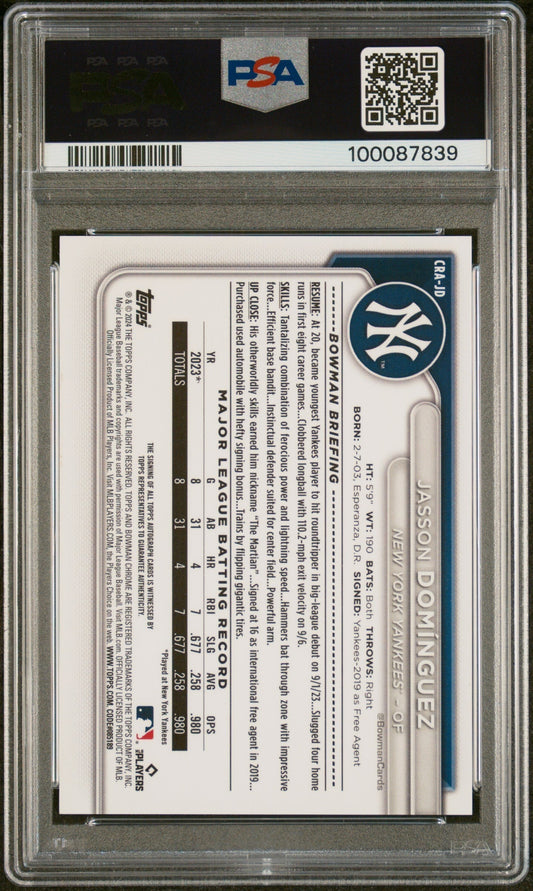 2024 Bowman Chrome Rookie AutoJasson Dominguez #CRAJD Orange Ref 02/25 PSA 10