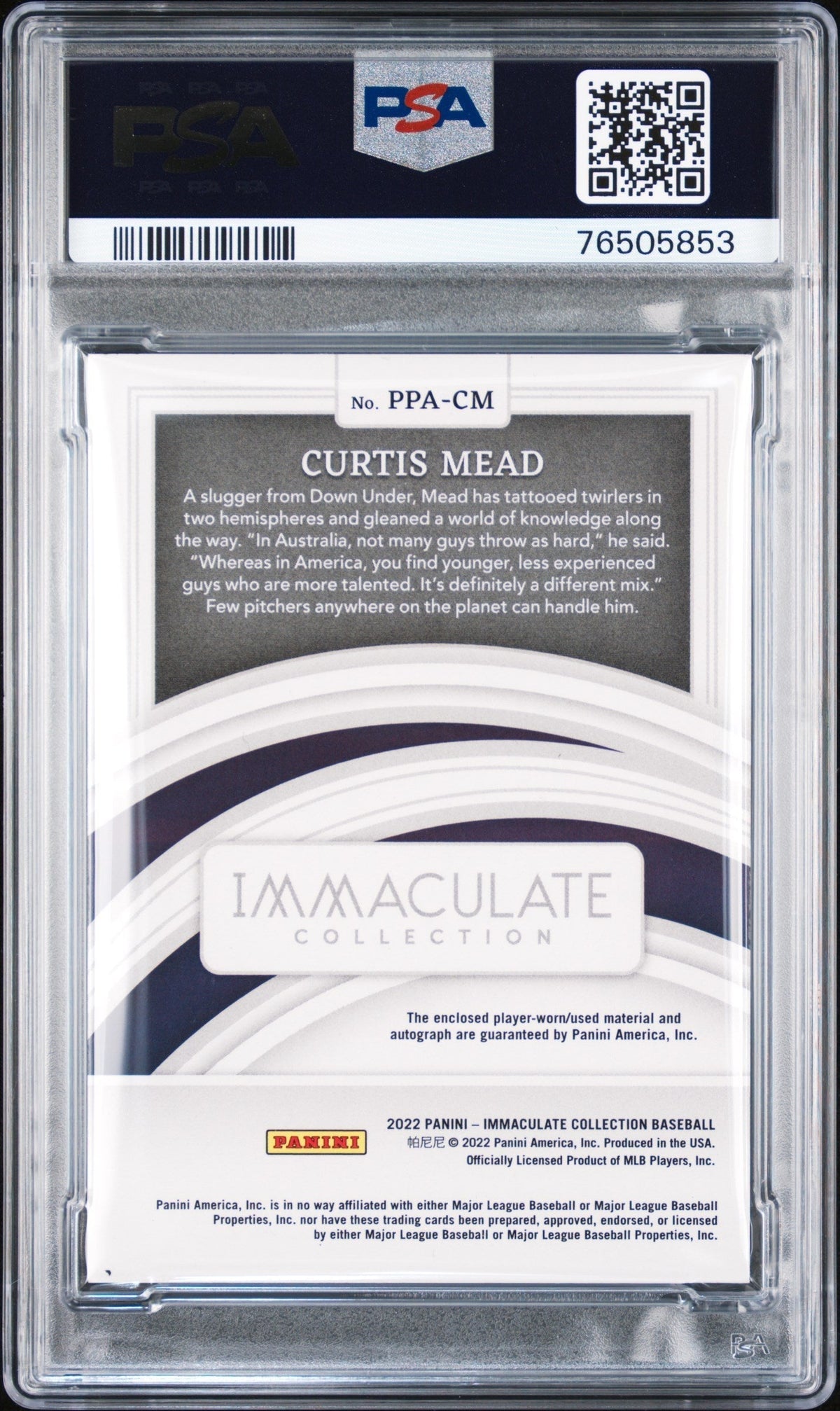 2022 Panini Immaculate Patch Auto Curtis Mead #PPACM Pros. Au Silver /25 PSA 10