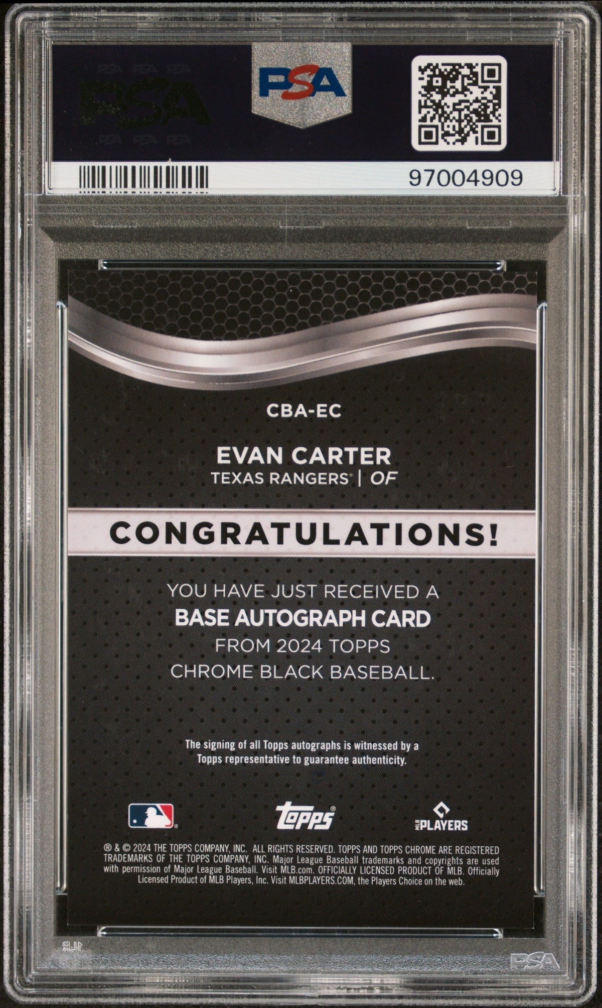 2024 Topps Chrome Black Autographs Evan Carter #EC Gold Refractor 02/50 PSA 9