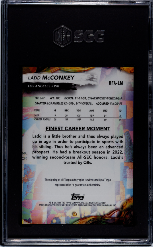 2024 Topps Finest Ladd Mcconkey #RFA-LM Rookie Oil Spill Refractor SGC 9 Auto 10