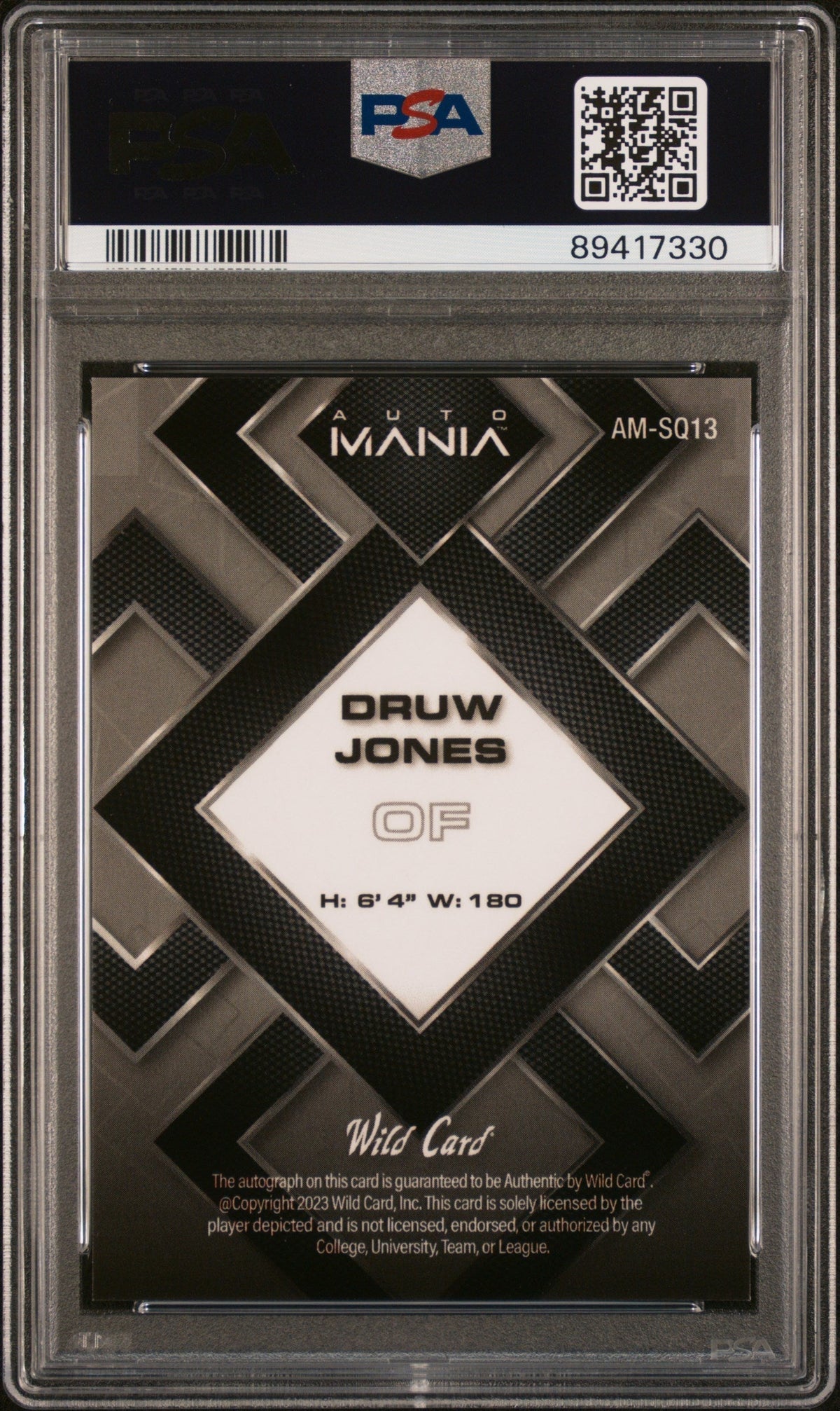 2023 Wild Card Auto Mania Autographs Druw Jones #AMSQ13 SQR Red 2/6 PSA 10