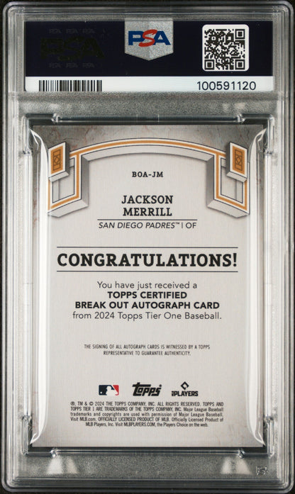 2024 Topps Tier One Red Foil Jackson Merrill #BOAJM Auto /25 PSA 10
