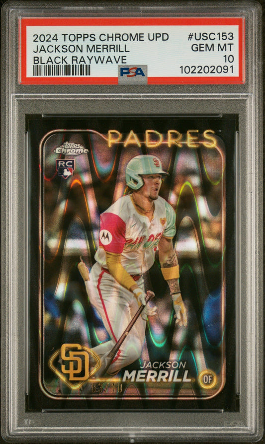 2024 Topps Chrome Update Black RayWave Jackson Merrill #USC153 RC /10 PSA 10