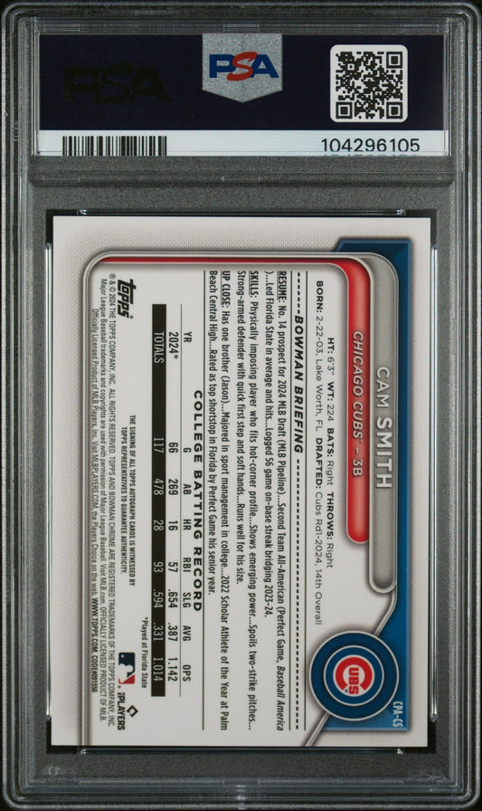 2024 Bowman Draft Sparkle Cam Smith #CPACS Auto /71 PSA 10