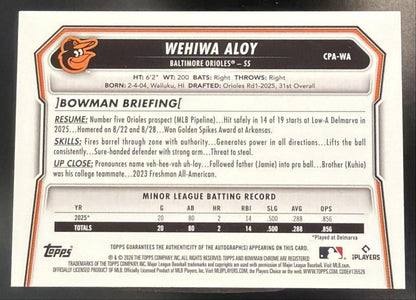 2026 Bowman Wehiwa Aloy #CPA-WA Chrome Auto Blue Refractor /150 1st Prospect