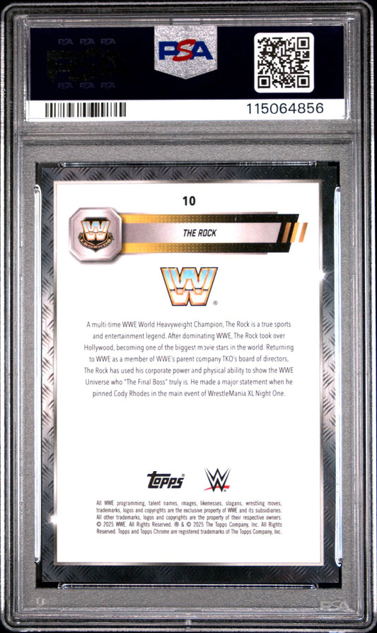 2025 Topps Chrome WWE Black & Gold Refractor the Rock #10 /113 PSA 9