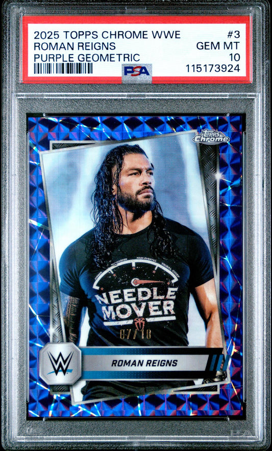 2025 Topps Chrome WWE Purple Geometric Roman Reigns #3 /10 PSA 10