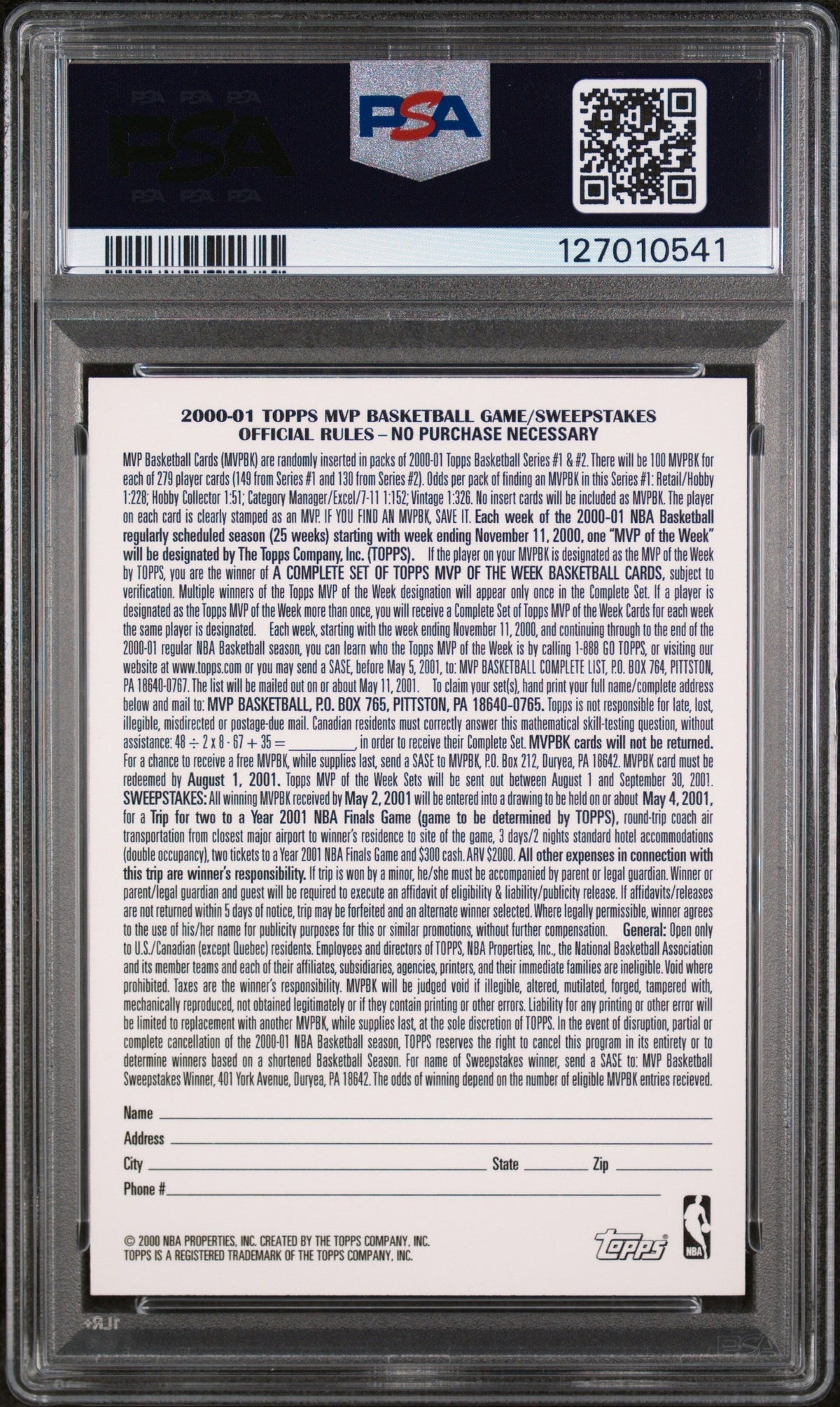 2000 Topps MVP Promotion-Unredeemed Kevin Garnett PSA 9