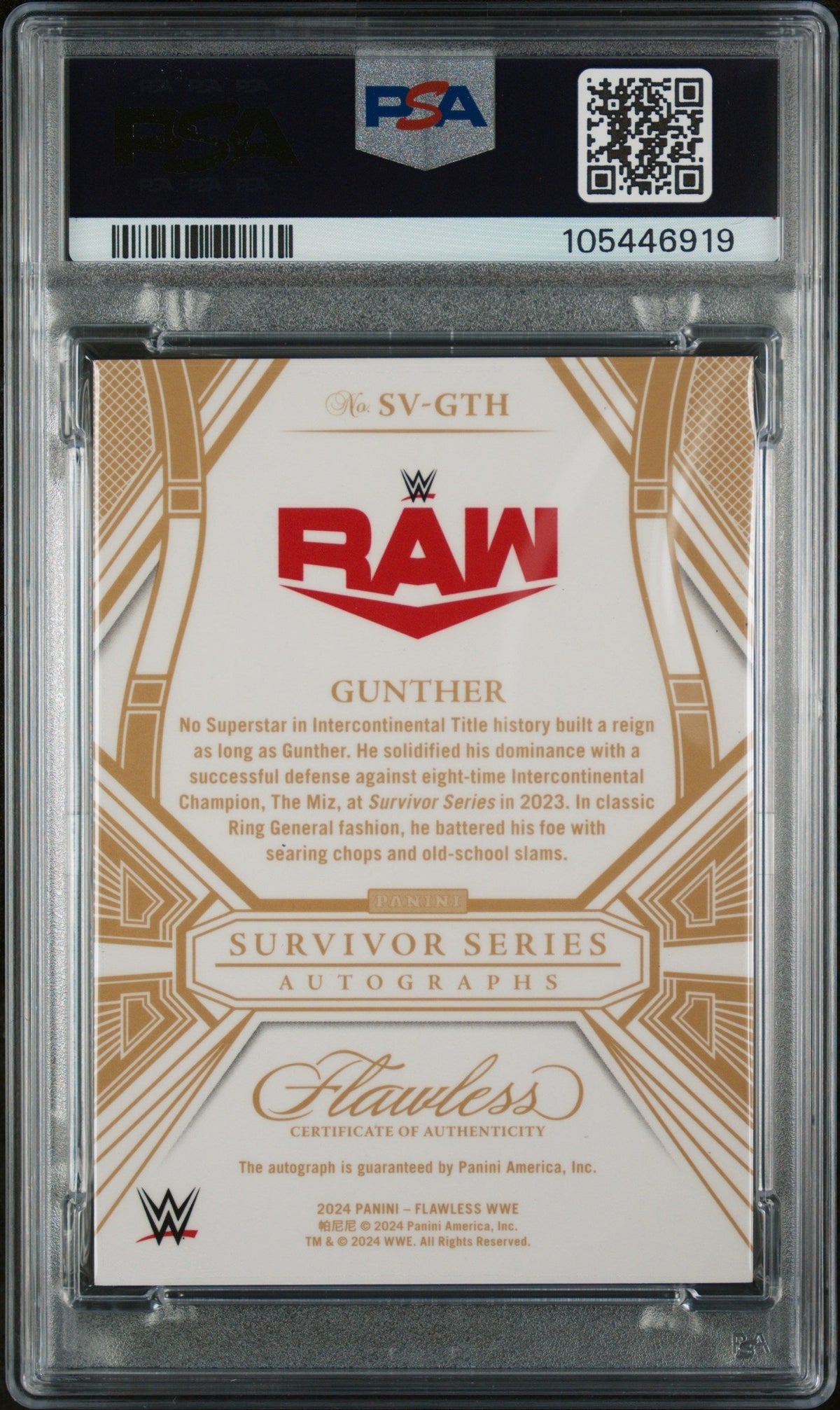 2024 Panini Flawless WWE Flawless Survivor Series Autographs Sapphire Gunther #SVGTH /20 PSA 8