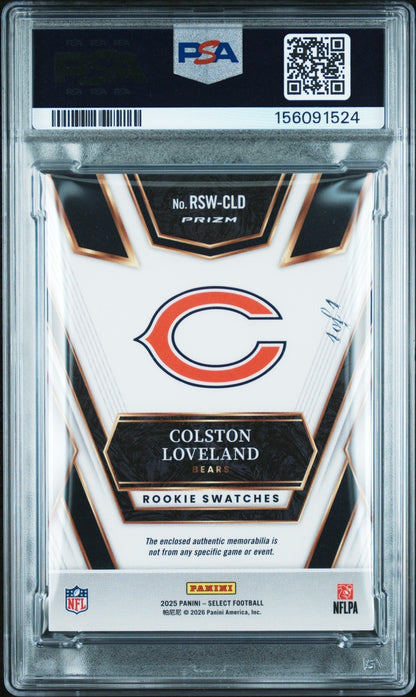 2025 Panini Select Rookie Swatches Rk Swatches-Black Prizm 1/1 Colston Loveland #RSW-CLD PSA 9