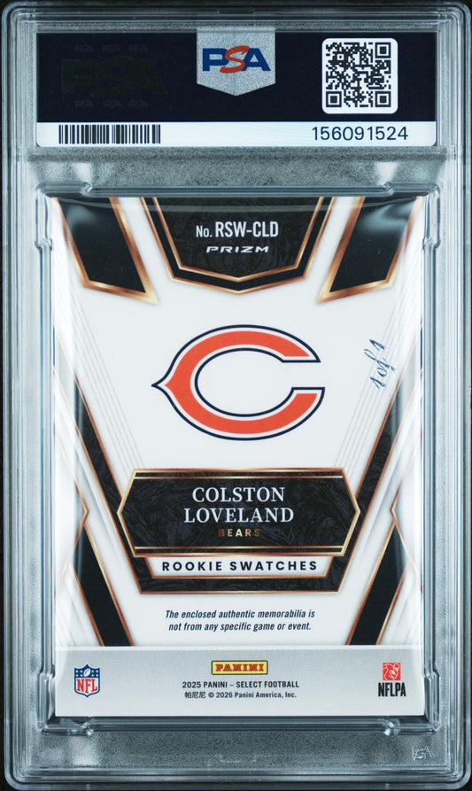 2025 Panini Select Rookie Swatches Rk Swatches-Black Prizm 1/1 Colston Loveland #RSW-CLD PSA 9