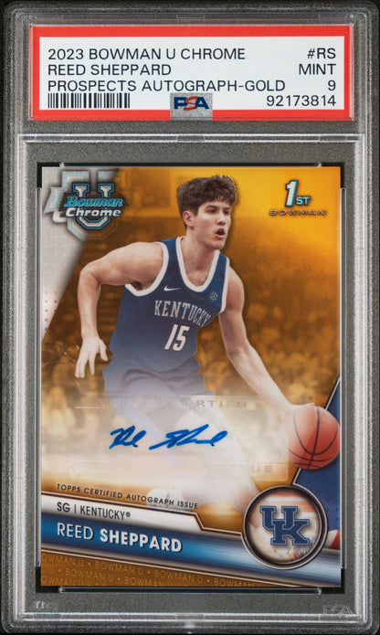 2023 Bowman University Chrome Bowman Chrome Prospects Autographs Prospects Autograph-Gold Reed Sheppard #RS /50 PSA 9