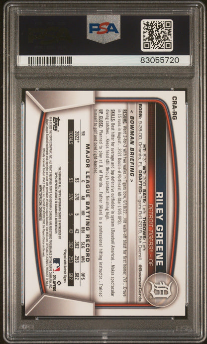 2023 Bowman Chrome Rookie Autograph Yellow Refractor Riley Greene #CRARG /75 PSA 9