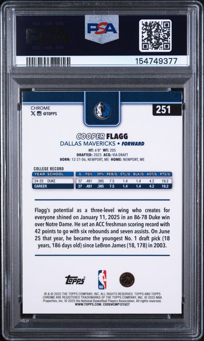 2025 Topps Chrome Basketball Refractor Cooper Flagg #251 PSA 9