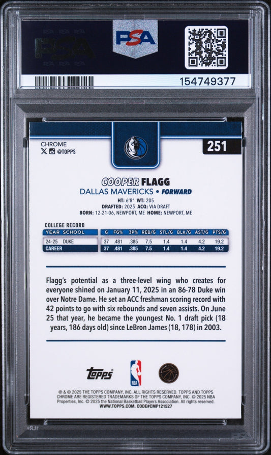 2025 Topps Chrome Basketball Refractor Cooper Flagg #251 PSA 9