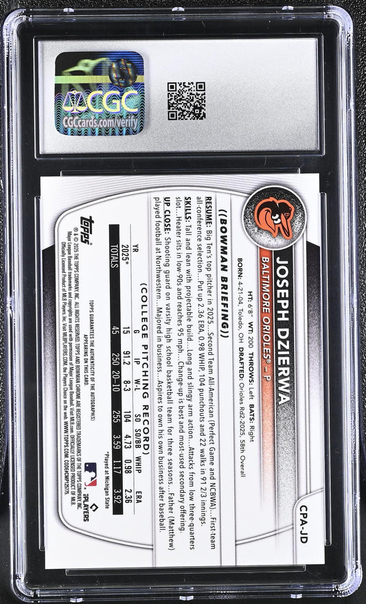 2025 Bowman Chrome # Joseph Dzierwa Chrome Prospect Autographs /199 Auto CGC 9