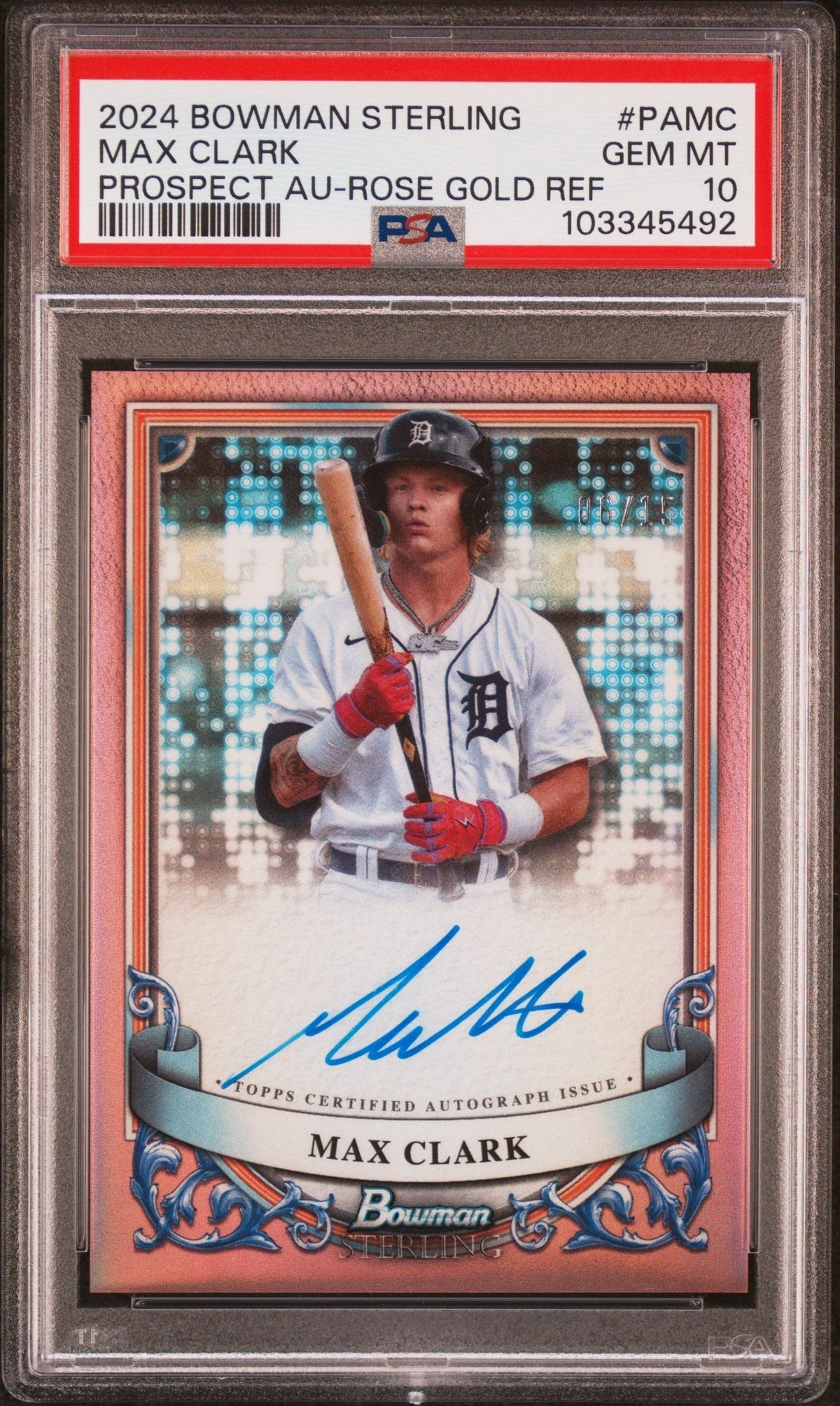 2024 Bowman Sterling Prospect Autographs Rose Gold Refractors Max Clark #PAMC /15 /99 PSA 10