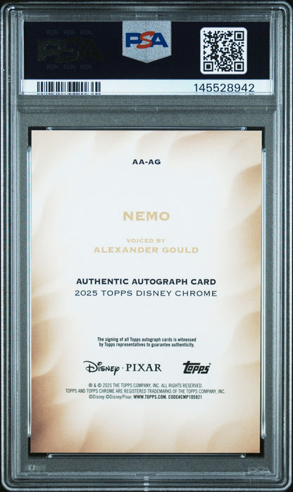2025 Topps Chrome Disney Disney Chrome 2025 Authentic Autographs Gold Refractor Alexander Gould Nemo #AG /50 PSA 10