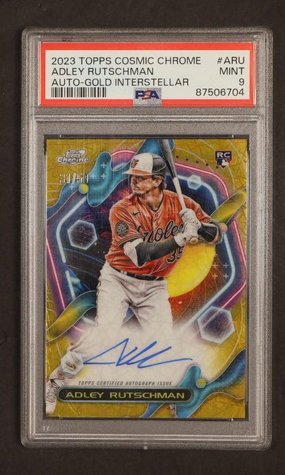 2023 Topps Cosmic Chrome #ARU Adley Rutschman Gold Interstellar Gold Rookie PSA 9 Mint Baltimore Orioles Auto