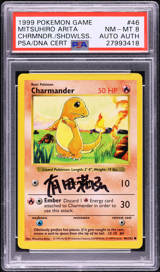 1999 POKEMON BASE SET SHADOWLESS CHARMANDER #46 ARITA AUTO AUTH PSA 8