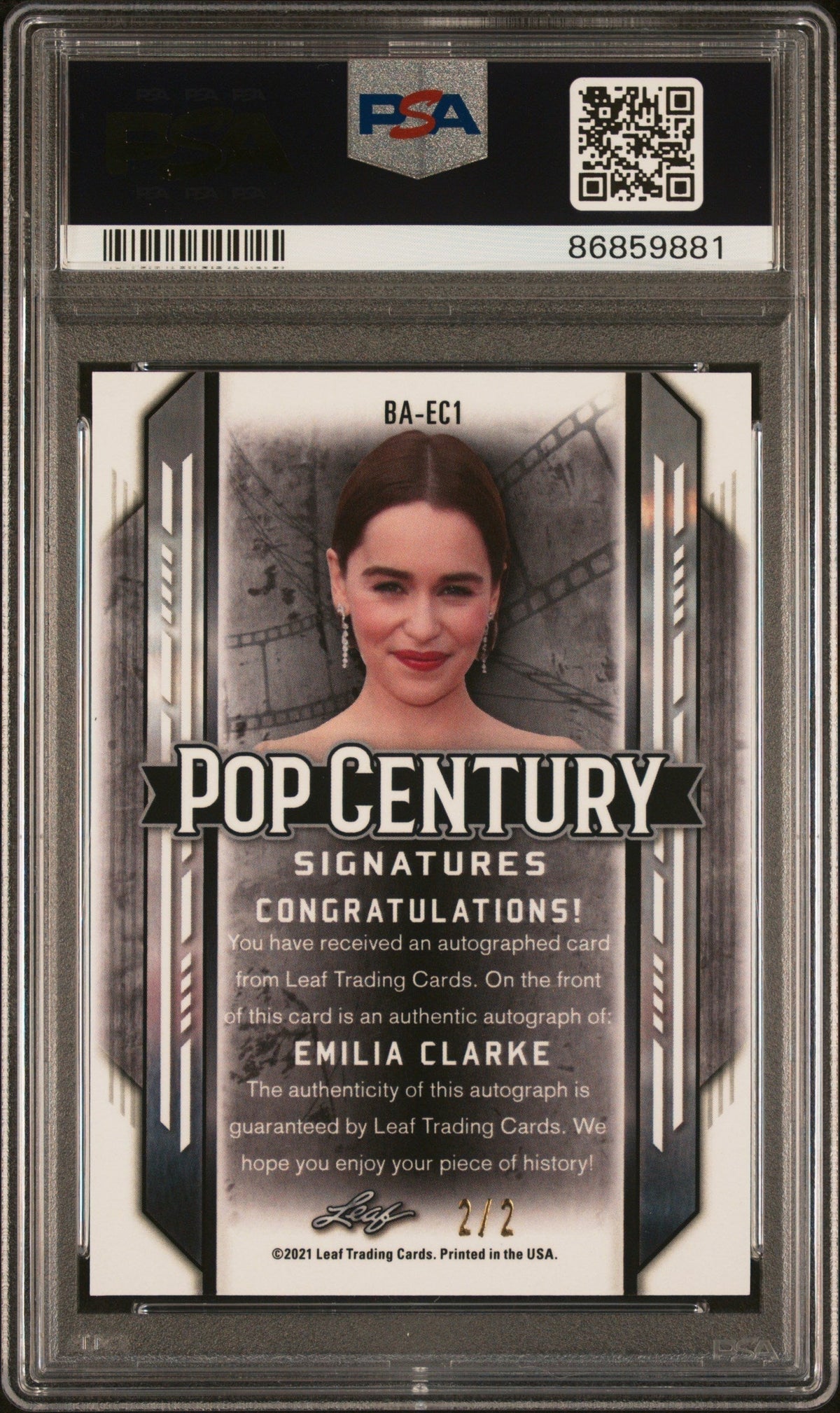 2021 Leaf Metal Pop Century Green Crystal Emilia Clarke #BAEC1 Auto 2/2 PSA 10