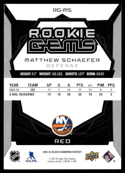 2025 The Upper Deck Company Black Diamond RG-MS Matthew Schaefer Rookie Gems Red Rookie VG NY Islanders