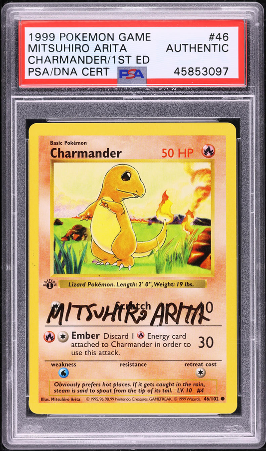 1999 POKEMON BASE SET SHADOWLESS 1ST EDITION CHARMANDER #46 ARITA AUTO PSA AUTH