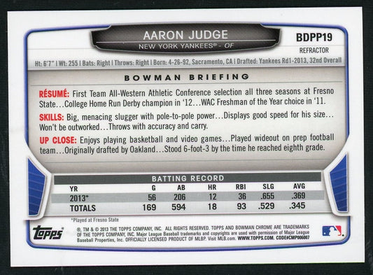2013 Bowman Chrome BDPP19 Aaron Judge Refractor New York Yankees