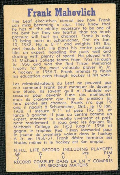 1960  17 Frank Mahovlich Rookie Toronto Maple Leafs